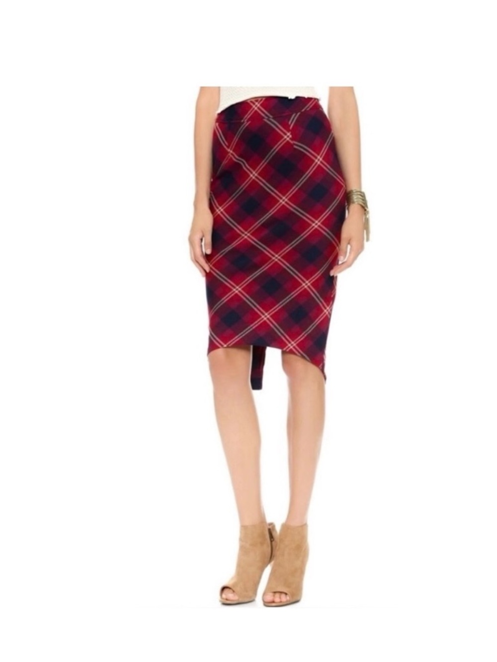 Free People Red and Blue Bonnie High/Low Plaid Pencil Skirt
